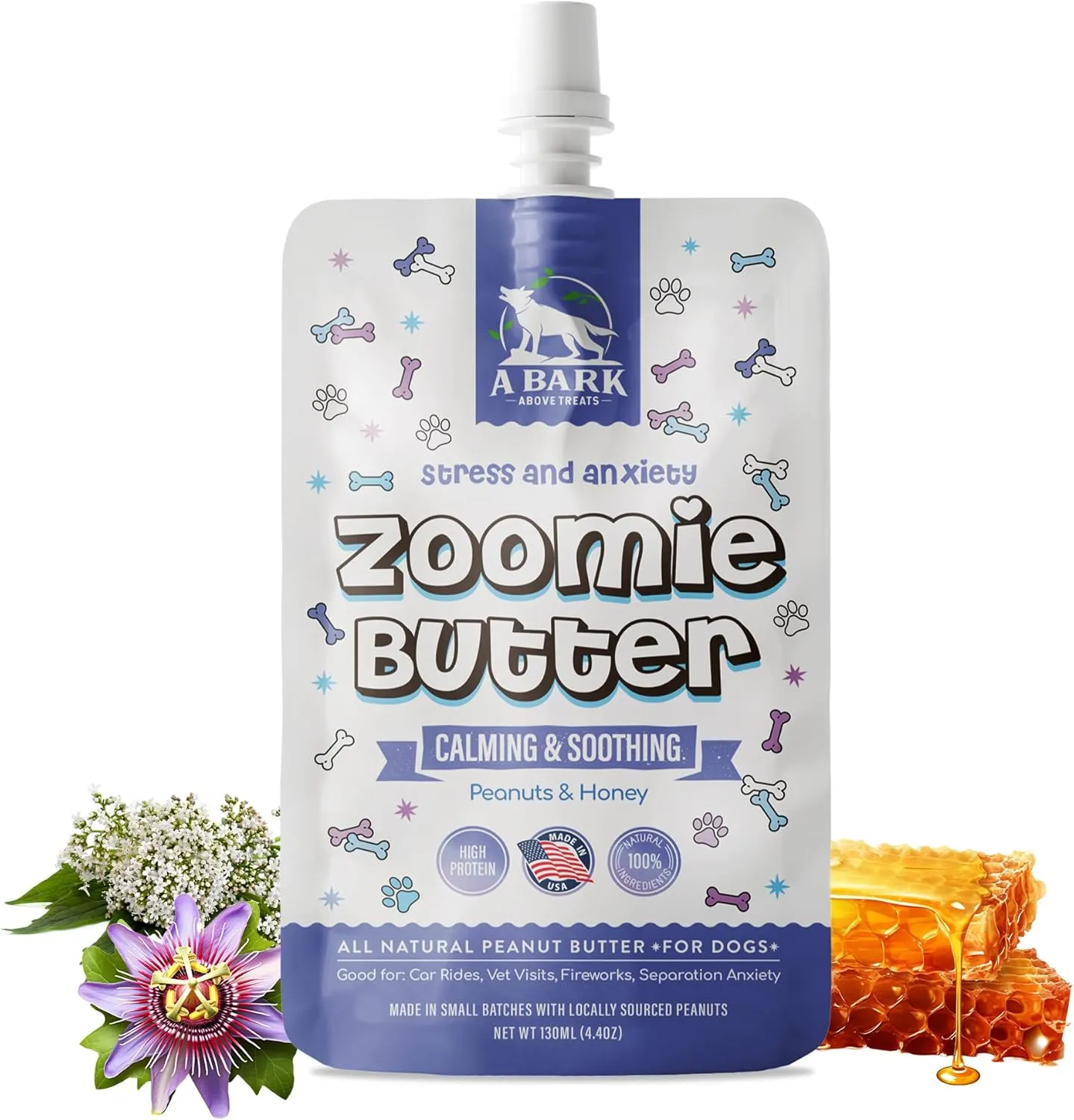 Stress & Anxiety Dog Peanut Butter Squeeze Supplement, All Natural Calming Dog Treat. Human Grade & Safe Puppy Food, Passion Flower for Separation Anxiety, Behavior Aid, USA Grown & Made