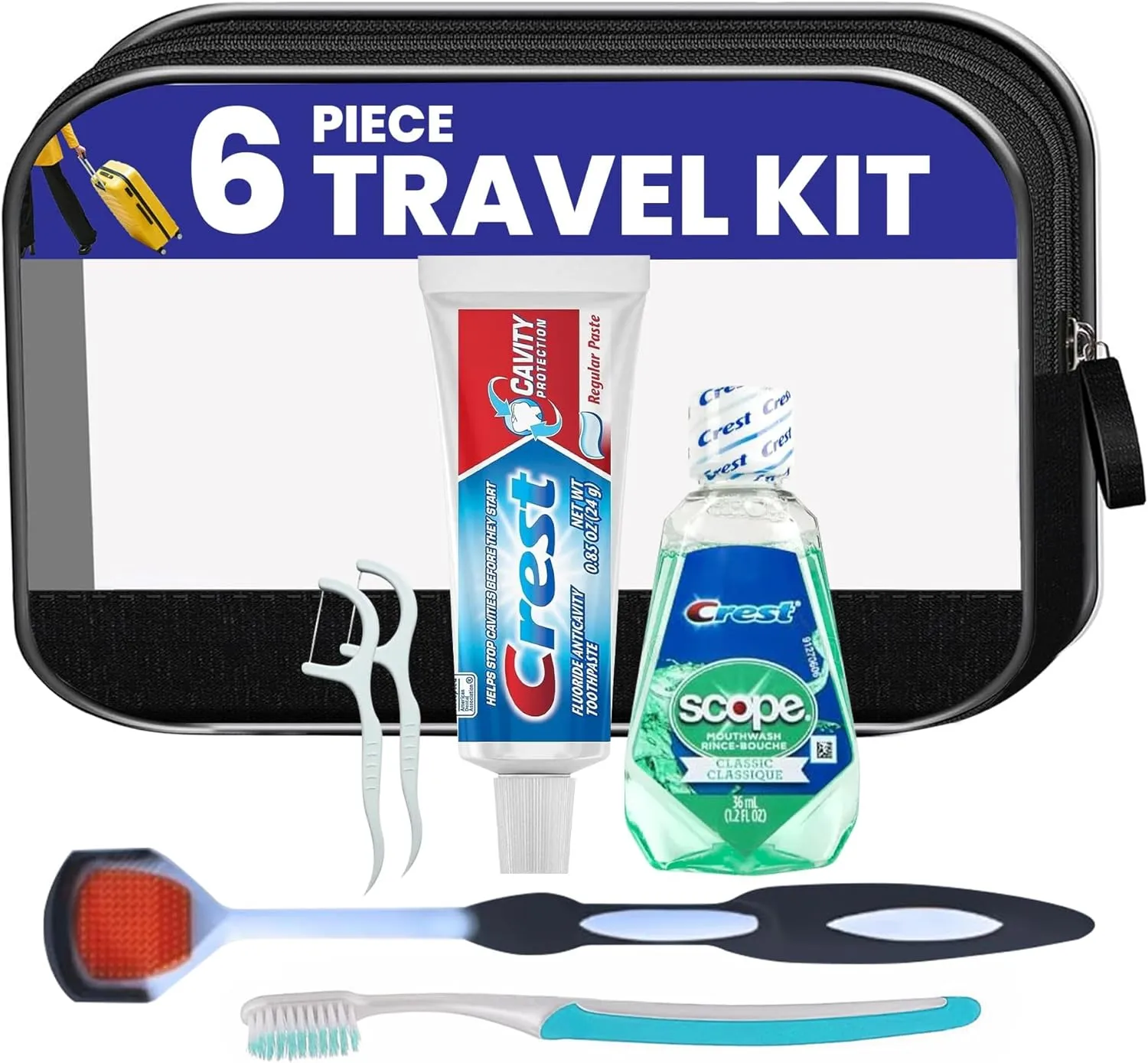 Trektote 6-Piece Travel Size Toothbrush and Toothpaste Set - TSA Approved Toothbrush Travel Kit - Includes Toothpaste and Mouthwash - Dental Oral Care Kit
