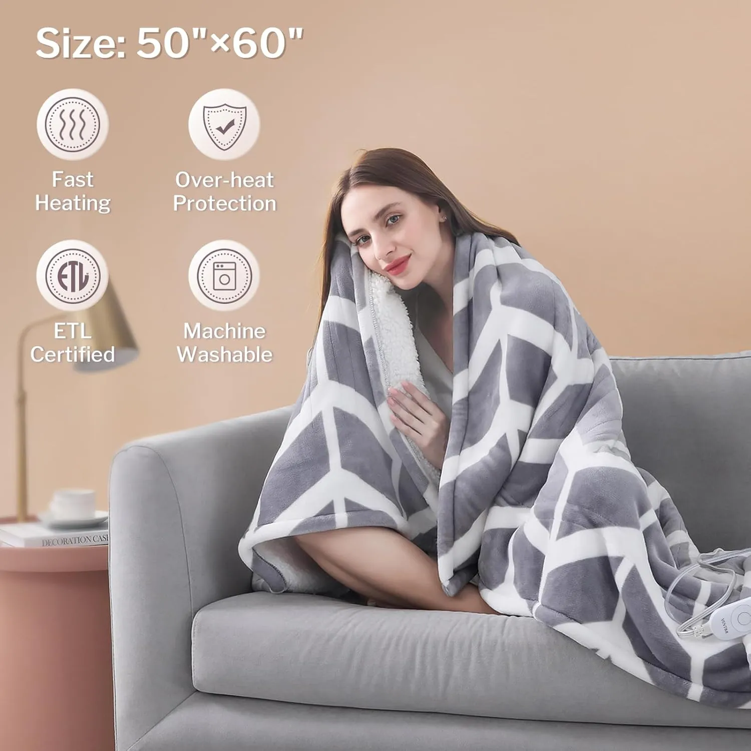 VENTIMI Electric Blanket Heated Throw, 50" x 60" Heated Blanket with 5 Heat Levels & 3 Hours Auto Off, Fast Heating Blankets with ETL & FCC Certification, Grey