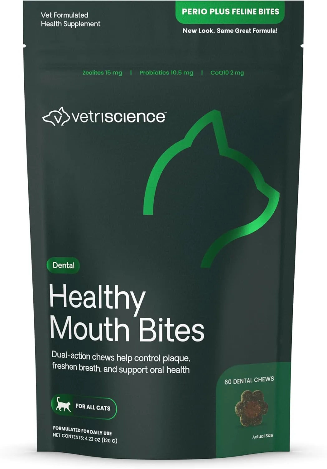 VetriScience Perio Plus Cat Teeth Cleaning Bites - Advanced Cat Breath Freshener - Dual Action Cat Dental Care Formula for Plaque Control & Fresh Breath, 60 Chews, Chicken Flavor