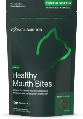 VetriScience Perio Plus Cat Teeth Cleaning Bites - Advanced Cat Breath Freshener - Dual Action Cat Dental Care Formula for Plaque Control & Fresh Breath, 60 Chews, Chicken Flavor