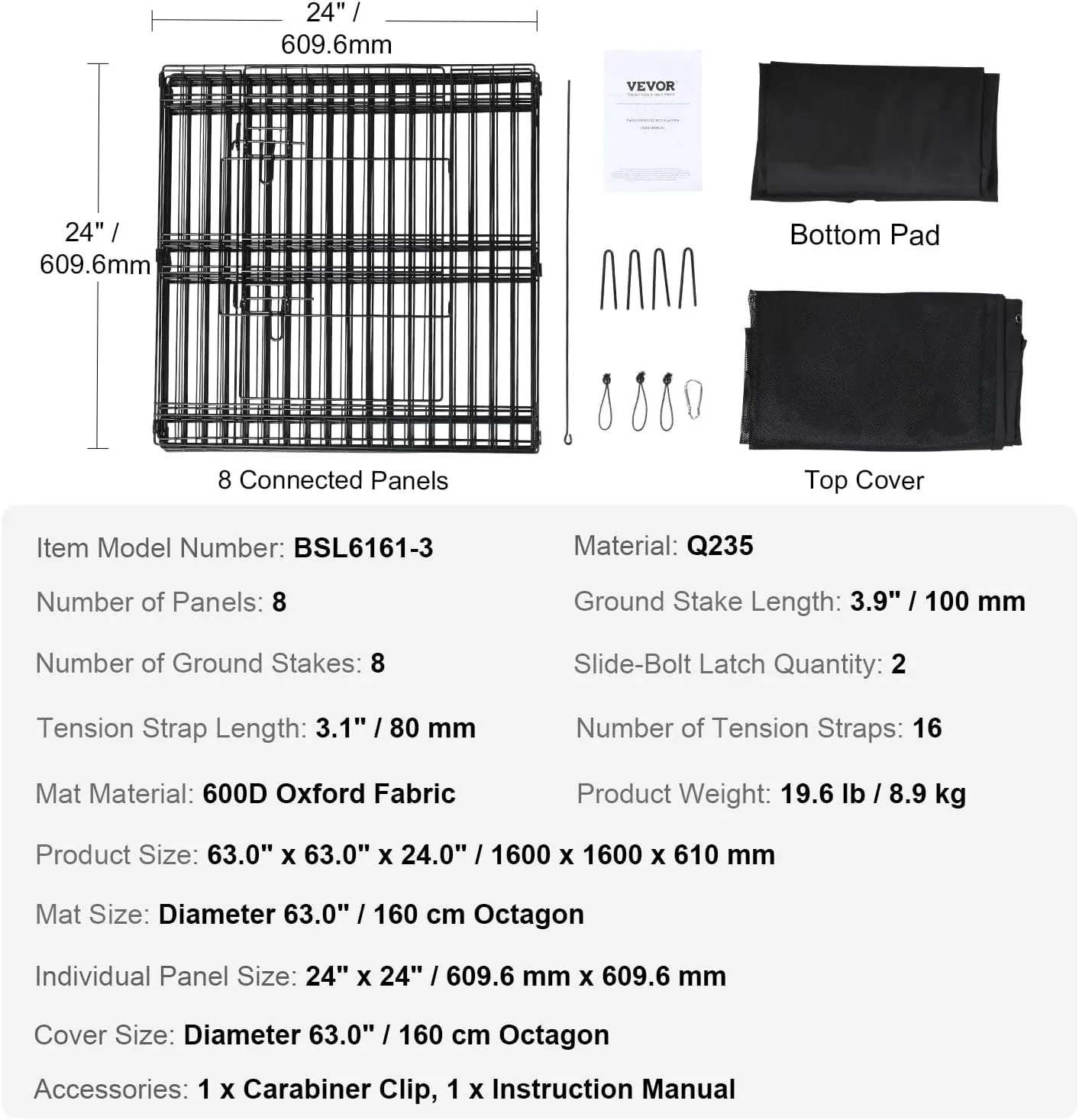 VEVOR Foldable Metal Dog Exercise Pen, Pet Playpen Dog Fence for Camping with Top Cover and Bottom Pad, 24" H 8 Panels, Puppy Crate Kennel Indoor Outdoor for Medium Dogs, Both for Home&Yard