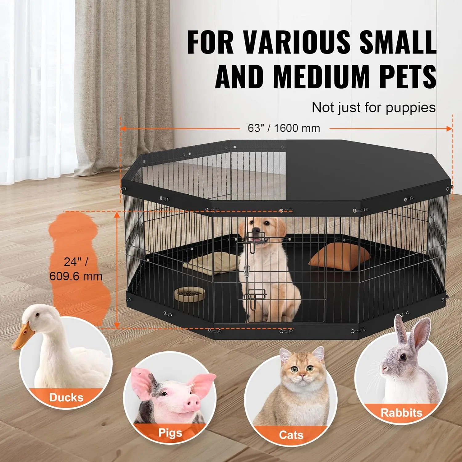 VEVOR Foldable Metal Dog Exercise Pen, Pet Playpen Dog Fence for Camping with Top Cover and Bottom Pad, 24" H 8 Panels, Puppy Crate Kennel Indoor Outdoor for Medium Dogs, Both for Home&Yard