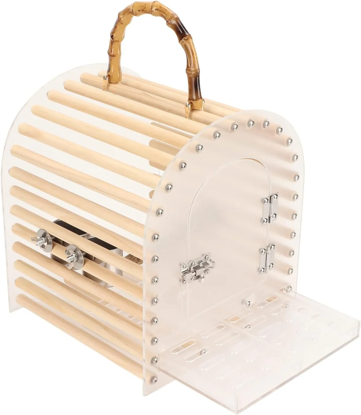 Zerodis Portable Bird Cage, Small Transparent Travel Bird Carrier with Delicate Carrying Handle Grip Wooden Acrylic Stainless Steel Material Birdcage with Lock