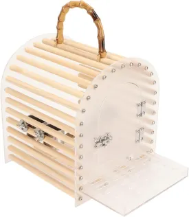 Zerodis Portable Bird Cage, Small Transparent Travel Bird Carrier with Delicate Carrying Handle Grip Wooden Acrylic Stainless Steel Material Birdcage with Lock